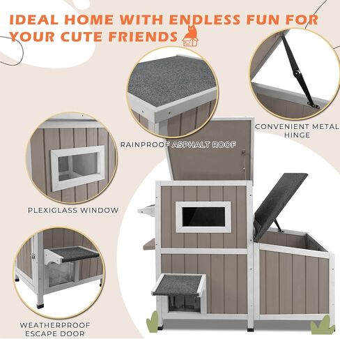 Cat House Outdoor Cat Shelter 2 Store Feral Cat Shelter مقاوم للعوامل الجوية للقطط الشتوية القطط القطط ، والقطط الخشبية مقاومة للماء مع أبواب الهروب-رمادي in Kuwait