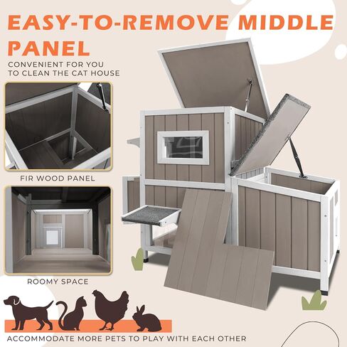 Cat House Outdoor Cat Shelter 2 Store Feral Cat Shelter مقاوم للعوامل الجوية للقطط الشتوية القطط القطط ، والقطط الخشبية مقاومة للماء مع أبواب الهروب-رمادي in Kuwait