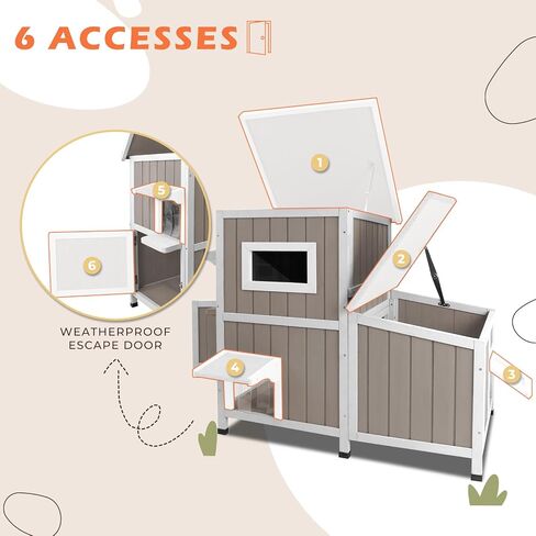 Cat House Outdoor Cat Shelter 2 Store Feral Cat Shelter مقاوم للعوامل الجوية للقطط الشتوية القطط القطط ، والقطط الخشبية مقاومة للماء مع أبواب الهروب-رمادي in Kuwait