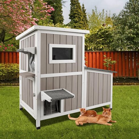 Cat House Outdoor Cat Shelter 2 Store Feral Cat Shelter مقاوم للعوامل الجوية للقطط الشتوية القطط القطط ، والقطط الخشبية مقاومة للماء مع أبواب الهروب-رمادي in Kuwait