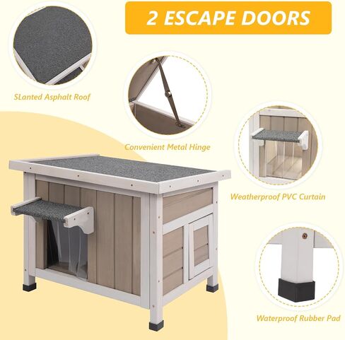 Cat House Outdoor Cat Shelter 2 Store Feral Cat Shelter مقاوم للعوامل الجوية للقطط الشتوية القطط القطط ، والقطط الخشبية مقاومة للماء مع أبواب الهروب-رمادي in Kuwait
