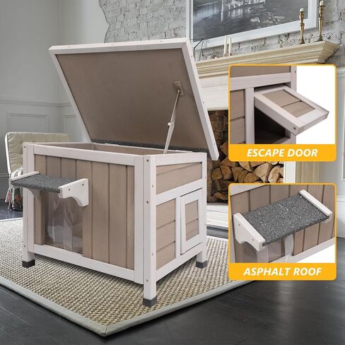 Cat House Outdoor Cat Shelter 2 Store Feral Cat Shelter مقاوم للعوامل الجوية للقطط الشتوية القطط القطط ، والقطط الخشبية مقاومة للماء مع أبواب الهروب-رمادي in Kuwait