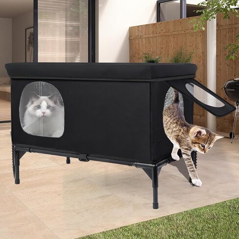 Outdoor Cat House Weatherproof, Insulated Feral Cat Houses for Cats with Cozy Cushion, Elevated Outdoor Cat Shelter, Equipped with Escape Door, Outside Cats House for Stray Cats(Large) in Kuwait