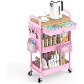 ALVOROG Rolling Cart with Drawer and Wood Table Top, 3 Tier Metal Rolling Utility Cart on Wheels with DIY Pegboards, Hanging Baskets, Hooks for Kitchen, Bedroom, Office, Craft Supplies in Kuwait