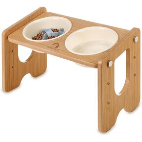 Ceramic Elevated Dog Bowls, Raised Dog Bowl Stand – Adjustable (3 Heights) Bamboo Feeder with 2 Ceramic Bowls (22 oz), 13° Tilt, Non-Slip – Food & Water Set for Small & Medium Dogs in Saudi Arabia
