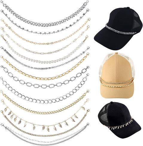 13pcs Trucker Hat Chains, Gold Silver Baseball Cap Brim Chain Detachable Trucker Hat Chains DIY Cap Brim Decoration Jewelry Accessories for Women Men in Saudi Arabia