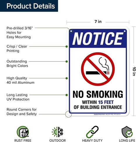 No Smoking Within 15 Feet of Building Entrance Sign, 10x14 Inches, Rust Free .040 Aluminum, Fade Resistant, Made in USA by My Sign Center in Kuwait