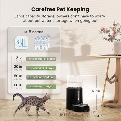 CZPET Automatic 4L/135Oz/1Gal Cat Water Dispenser with Stainless Steel Bowl, Gravity Waterer for Small Medium Dog Puppy Kitten (Black) in Kuwait