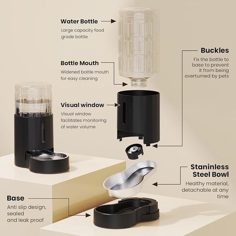 CZPET Automatic 4L/135Oz/1Gal Cat Water Dispenser with Stainless Steel Bowl, Gravity Waterer for Small Medium Dog Puppy Kitten (Black) in Kuwait