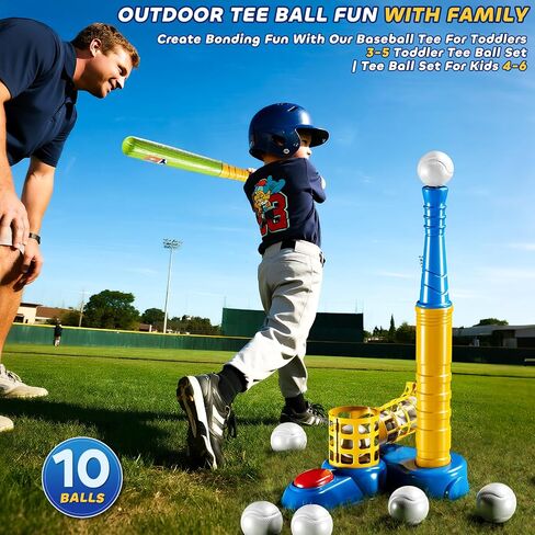 T Ball Sets for Kids 3-5, Baseball T-Ball Set with 10 Balls, Outdoor Sport Toy Games for 3-12 Year Old Boys Girls Toddlers, Training Batting Tee for Backyard and Lawn Play in Kuwait