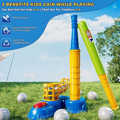 T Ball Sets for Kids 3-5, Baseball T-Ball Set with 10 Balls, Outdoor Sport Toy Games for 3-12 Year Old Boys Girls Toddlers, Training Batting Tee for Backyard and Lawn Play in Kuwait