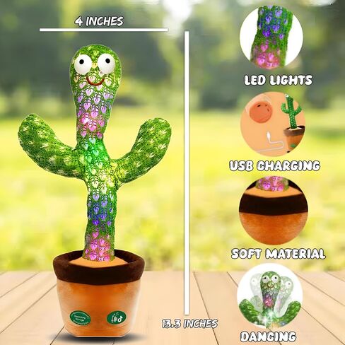 Rechargeable Talking Cactus Plush Toy for Toddlers Ages and 120 Songs with LED Lights, Voice Mimicry Dancing Cactus Musical Plush – Soft Educational Gift, Best for All Occasions in Saudi Arabia