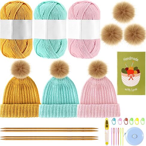 مجموعة Maasechs Knitting Kit للمبتدئين الكبار مجموعات حياكة قبعة كاملة تعلم أن تريكو مجموعات مع الغزل ، إبر الخيزران ، بوم بوم ، تعليمات خطوة بخطوة ، إكسسوارات متماسكة للنساء مواهب الرجال (الظلام) in Kuwait