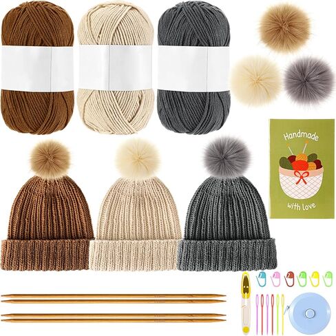 مجموعة Maasechs Knitting Kit للمبتدئين الكبار مجموعات حياكة قبعة كاملة تعلم أن تريكو مجموعات مع الغزل ، إبر الخيزران ، بوم بوم ، تعليمات خطوة بخطوة ، إكسسوارات متماسكة للنساء مواهب الرجال (الظلام) in Kuwait