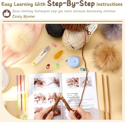 مجموعة Maasechs Knitting Kit للمبتدئين الكبار مجموعات حياكة قبعة كاملة تعلم أن تريكو مجموعات مع الغزل ، إبر الخيزران ، بوم بوم ، تعليمات خطوة بخطوة ، إكسسوارات متماسكة للنساء مواهب الرجال (الظلام) in Kuwait