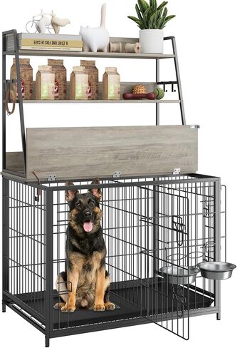 57" Dog Crate Furniture with Storage Shelves, Indoor Kennel for Medium Large Dogs, Removable Tray & Divider, Gray Pet House Blends As Bookshelf/Console Table, Grey in Saudi Arabia