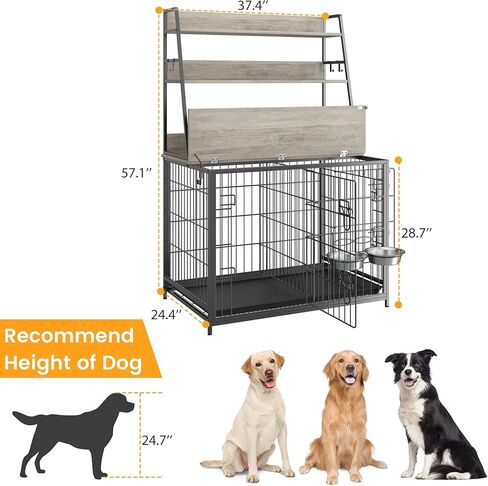 57" Dog Crate Furniture with Storage Shelves, Indoor Kennel for Medium Large Dogs, Removable Tray & Divider, Gray Pet House Blends As Bookshelf/Console Table, Grey in Saudi Arabia