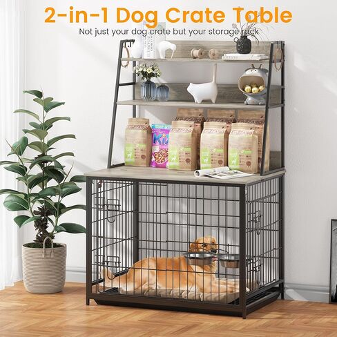 57" Dog Crate Furniture with Storage Shelves, Indoor Kennel for Medium Large Dogs, Removable Tray & Divider, Gray Pet House Blends As Bookshelf/Console Table, Grey in Saudi Arabia