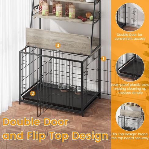 57" Dog Crate Furniture with Storage Shelves, Indoor Kennel for Medium Large Dogs, Removable Tray & Divider, Gray Pet House Blends As Bookshelf/Console Table, Grey in Saudi Arabia