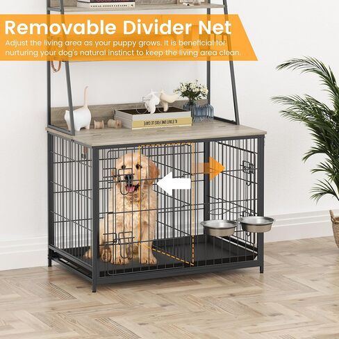 57" Dog Crate Furniture with Storage Shelves, Indoor Kennel for Medium Large Dogs, Removable Tray & Divider, Gray Pet House Blends As Bookshelf/Console Table, Grey in Saudi Arabia