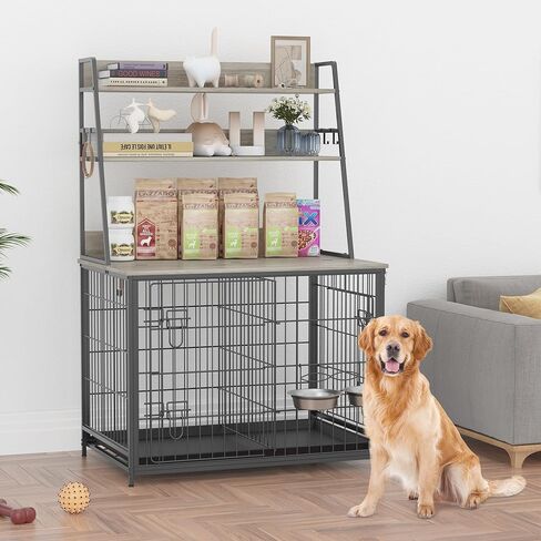 57" Dog Crate Furniture with Storage Shelves, Indoor Kennel for Medium Large Dogs, Removable Tray & Divider, Gray Pet House Blends As Bookshelf/Console Table, Grey in Saudi Arabia