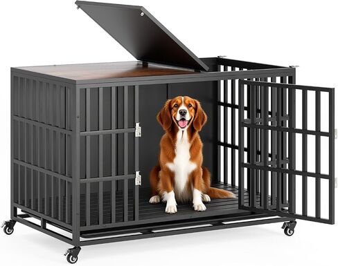 49" Heavy Duty Dog Crate Furniture, Wooden Dog Crates for Large and Medium Dogs, Dog Kennel Indoor with Removable Tray, Decorative Pet House End Table, Brown (49" L x 30" W x 35" H) in Saudi Arabia