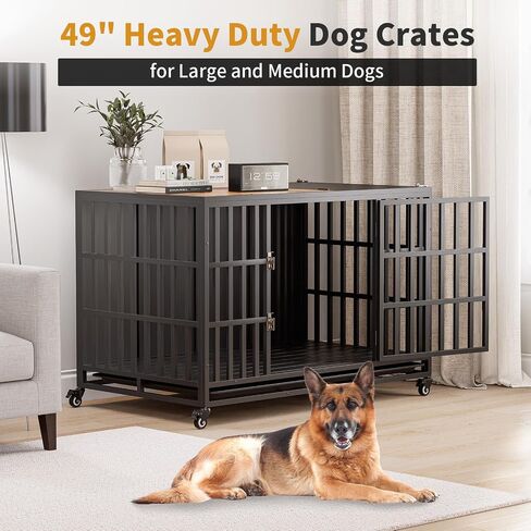 49" Heavy Duty Dog Crate Furniture, Wooden Dog Crates for Large and Medium Dogs, Dog Kennel Indoor with Removable Tray, Decorative Pet House End Table, Brown (49" L x 30" W x 35" H) in Saudi Arabia