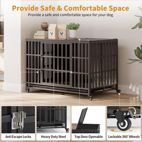49" Heavy Duty Dog Crate Furniture, Wooden Dog Crates for Large and Medium Dogs, Dog Kennel Indoor with Removable Tray, Decorative Pet House End Table, Brown (49" L x 30" W x 35" H) in Saudi Arabia