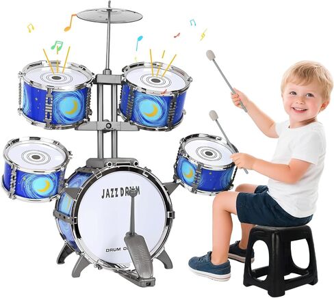 Upgraded Kids Drum Set for Toddlers 3-5 – Plastic Jazz Drum with Stool Musical Toy Birthday Xmas Gift for 3 4 5 6 Boys & Girls in Kuwait