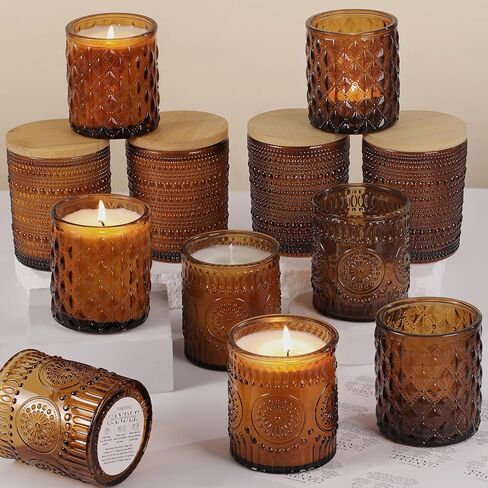 Darjen 12 Pack Amber Candle Swars لصنع الشموع- 3 أنماط شمعة زجاجية صنع الجرار بشكل كبير مع أغطية الخيزر in Kuwait