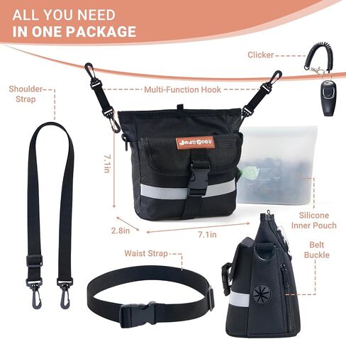 JOJOGOGO Treat Pouches for Pet Training and Walking with 4 Cup Removable Silicone Food Storage Container, Magnetic Closure Dog Treat Pouch with Training Clicker, Puppy Snack Bag with Poop Bag Holder in Saudi Arabia
