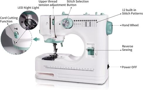 Mini Dual-Speed Sewing Machine,12 Built-in Stitches and Reverse Sewing，Foot Pedal, Dual Needle for Heavy Fabrics,Adjustable Sewing Speed，Portable & Beginner in Saudi Arabia