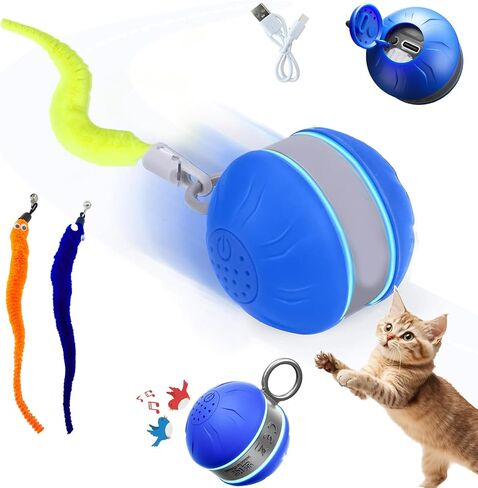 Interactive Cat Toys for Indoor Cats with 3 Mouse Tails,Electric Cat Ball Toy with Bird Chirping Sounds,Automatic Spinning Moving,300mAh Long Endurance Type-C Rechargeable,Pet Cat Supplies (Blue) in Saudi Arabia