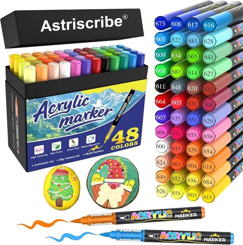 48 Colors Acrylic Paint Pens Markers, No-Bleed Brush Tip Acrylic Markers with Automatic Ink Control System, for Stone, Wood, Canvas, Ceramic, Glass, Metal, Rock Painting, DIY Crafts Art Supplies Kit in Saudi Arabia