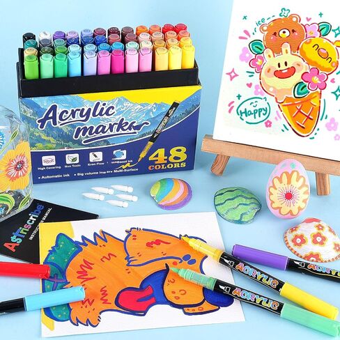 48 Colors Acrylic Paint Pens Markers, No-Bleed Brush Tip Acrylic Markers with Automatic Ink Control System, for Stone, Wood, Canvas, Ceramic, Glass, Metal, Rock Painting, DIY Crafts Art Supplies Kit in Saudi Arabia