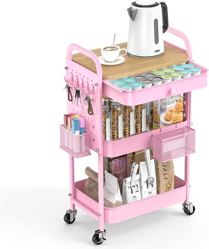 ALVOROG ROLLING CART مع درج وأعلى طاولة خشبية ، 3 طبقات معدنية ، سلة مرففة معدنية على عجلات مع Pegboards DIY ، سلال معلقة ، والسنانير للمطبخ ، غرفة النوم ، المكتب ، لوازم الحرفية in Kuwait