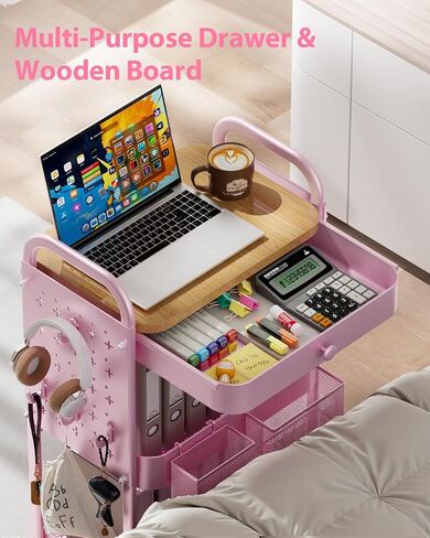 ALVOROG ROLLING CART مع درج وأعلى طاولة خشبية ، 3 طبقات معدنية ، سلة مرففة معدنية على عجلات مع Pegboards DIY ، سلال معلقة ، والسنانير للمطبخ ، غرفة النوم ، المكتب ، لوازم الحرفية in Kuwait