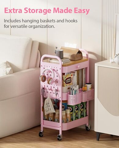 ALVOROG ROLLING CART مع درج وأعلى طاولة خشبية ، 3 طبقات معدنية ، سلة مرففة معدنية على عجلات مع Pegboards DIY ، سلال معلقة ، والسنانير للمطبخ ، غرفة النوم ، المكتب ، لوازم الحرفية in Kuwait