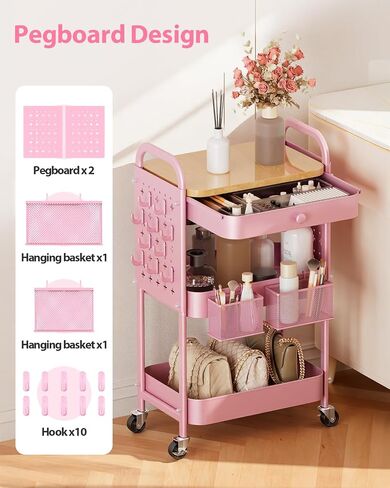 ALVOROG ROLLING CART مع درج وأعلى طاولة خشبية ، 3 طبقات معدنية ، سلة مرففة معدنية على عجلات مع Pegboards DIY ، سلال معلقة ، والسنانير للمطبخ ، غرفة النوم ، المكتب ، لوازم الحرفية in Kuwait