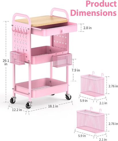 ALVOROG ROLLING CART مع درج وأعلى طاولة خشبية ، 3 طبقات معدنية ، سلة مرففة معدنية على عجلات مع Pegboards DIY ، سلال معلقة ، والسنانير للمطبخ ، غرفة النوم ، المكتب ، لوازم الحرفية in Kuwait