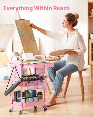 ALVOROG ROLLING CART مع درج وأعلى طاولة خشبية ، 3 طبقات معدنية ، سلة مرففة معدنية على عجلات مع Pegboards DIY ، سلال معلقة ، والسنانير للمطبخ ، غرفة النوم ، المكتب ، لوازم الحرفية in Kuwait