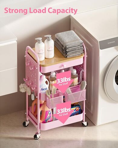 ALVOROG ROLLING CART مع درج وأعلى طاولة خشبية ، 3 طبقات معدنية ، سلة مرففة معدنية على عجلات مع Pegboards DIY ، سلال معلقة ، والسنانير للمطبخ ، غرفة النوم ، المكتب ، لوازم الحرفية in Kuwait