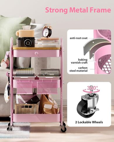 ALVOROG ROLLING CART مع درج وأعلى طاولة خشبية ، 3 طبقات معدنية ، سلة مرففة معدنية على عجلات مع Pegboards DIY ، سلال معلقة ، والسنانير للمطبخ ، غرفة النوم ، المكتب ، لوازم الحرفية in Kuwait