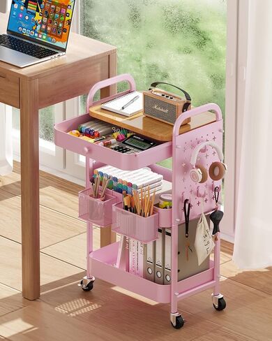 ALVOROG ROLLING CART مع درج وأعلى طاولة خشبية ، 3 طبقات معدنية ، سلة مرففة معدنية على عجلات مع Pegboards DIY ، سلال معلقة ، والسنانير للمطبخ ، غرفة النوم ، المكتب ، لوازم الحرفية in Kuwait