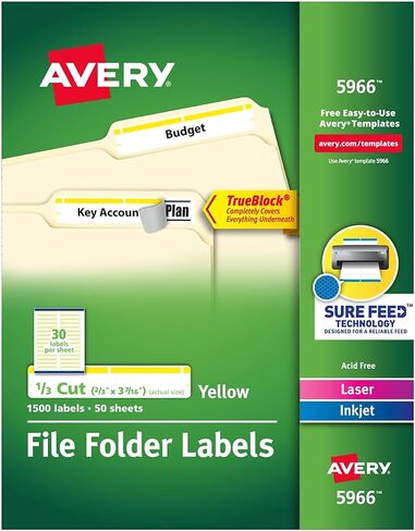 Avery 5966 ملصقات ملفات دائمة ، 1/3 قطع ، 1500/bx ، أصفر in Saudi Arabia