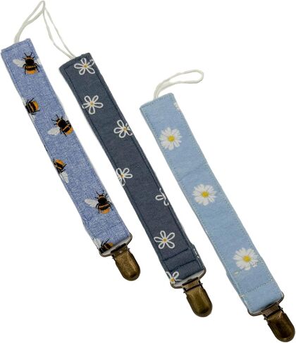 Honeybees And Daisies Pack Of 3 Fabric Pacifier Clip Holder For Infant Baby Boy And Girl, Universal Fit For Binky, Soothers And Teethers in Saudi Arabia
