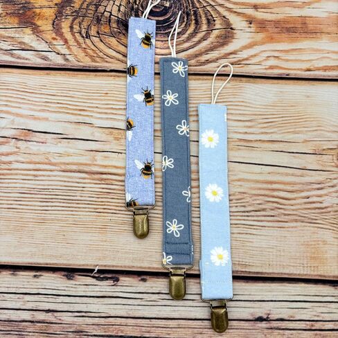 Honeybees And Daisies Pack Of 3 Fabric Pacifier Clip Holder For Infant Baby Boy And Girl, Universal Fit For Binky, Soothers And Teethers in Saudi Arabia