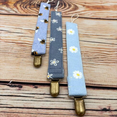 Honeybees And Daisies Pack Of 3 Fabric Pacifier Clip Holder For Infant Baby Boy And Girl, Universal Fit For Binky, Soothers And Teethers in Saudi Arabia