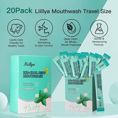Liillya Mini Mouthwash Travel Size, Individual Non Alcohol Mouthwash On The Go Single Use Mouthwash Packets Portable for Adults Great for Work, Smokers, Hotels for Birthday Christmas 20 Single Packs in Kuwait