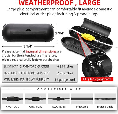 4 Pack Extension Cord Protective Cover Set (Black) | Indoor Outdoor Water-Resistant Holder for Holiday String Lights and Wires | Capsule Shaped Protector with Large Compartment in Kuwait